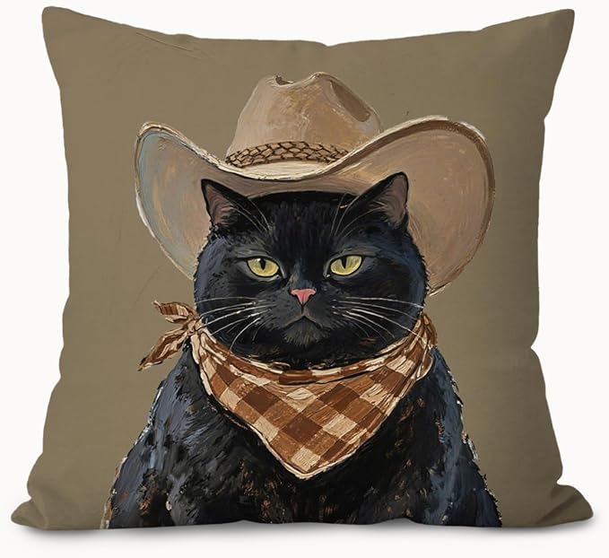 Vintage Western Cowboy Black Cat Pillow Covers 18x18, Black Cat Gifts, Rustic Country Western Cowboy Kitten Decorative Throw Pillow Covers Pillowcases for Home Bedroom Living Room Decor