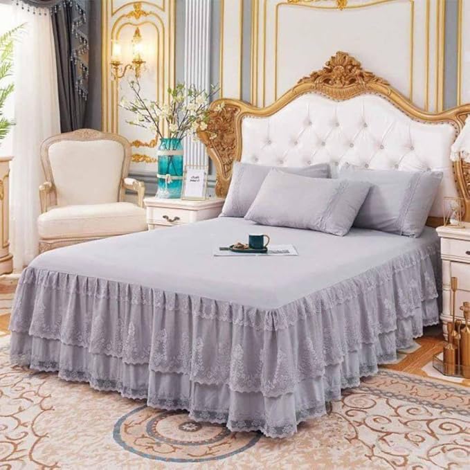 Double Lace Bed Skirt for King Bed - 17in. Drop, Easy Fit Ruffle Bedskirt Wrap Around Bed Skirt, Anti Wrinkle & Fade Resistant