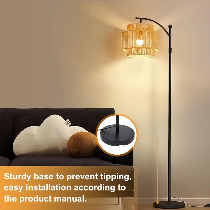 Vinaco Rattan Boho Floor Lamp, 3 Color Temperatures Remote & Foot Switch