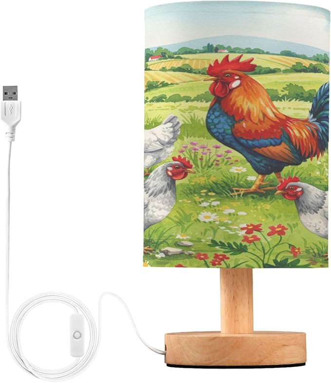 ALAZA Chicken Rooster in The Grass Vintage Decor Bedside Table Lamp with USB Port for Bedroom Nightstand Office Desk LED Bulb Included