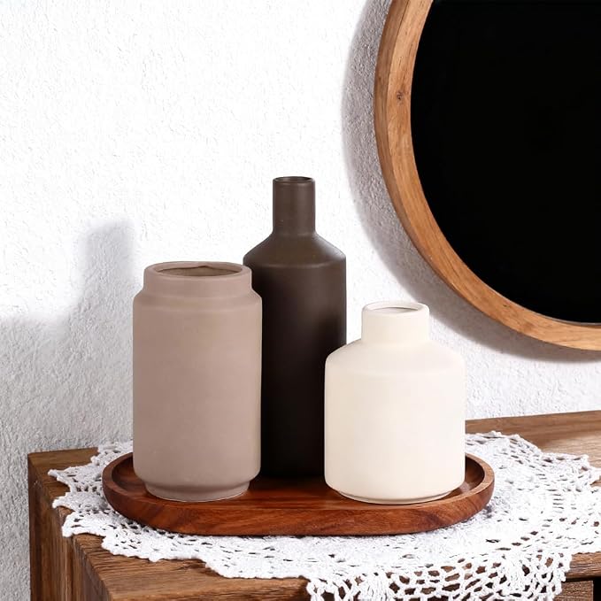 Neutral Ceramic Vase Set of 3 – Modern Decorative Vases, Small Flower Pottery Vase Sets, Boho Farmhouse Rustic Vases for Living Room, Kitchen, Bedroom, Bathroom, Shelf, Table