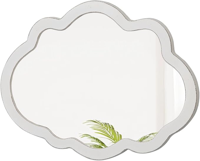 Rustic Small Cloud Mirror 16 X 12 Inch, Distressed White | Wooden Frame, Wall Hanging Scalloped Unique Wavy Mirrors for Entryway, Farmhouse Irregular Wall Mirror for Living Room