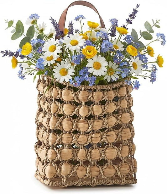 Handwoven Hanging Basket for Wall Baskets-Water Hyacinth Hanging Basket for Front Door, Wall/Door Baskets for Organizing, Storage, Flowers Décor (Water Hyacinth-02)