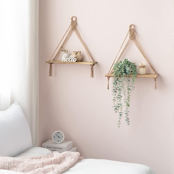Mkono Macrame Hanging Shelves Boho Wall Decor Set of 2 Floating Wood Shelf