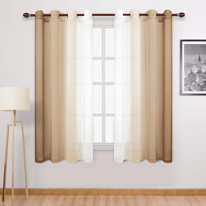 DWCN Taupe Faux Linen Ombre Sheer Curtains - Gradient Semi Voile Curtains for Bedroom and Living Room, Set of 2 Grommet Top Window Curtain Panels, 52 x 72 Inches Long, Taupe