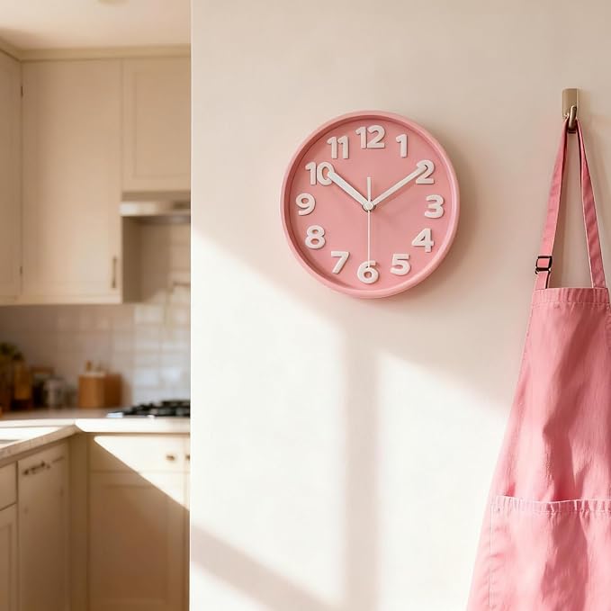 JENLYSTIME 8 Inch Vibrant Pink Modern Wall Clock – Silent Non-Ticking, Bold 3D Numbers, Precise Quartz Movement | Decorative Desk & Wall Clock with Stand for Home, Kitchen, Bedroom, or Office