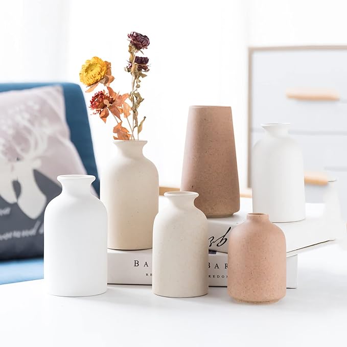White Ceramic vases Home Decor 2pcs Small vase Set Boho vase Modern Farmhouse Decor (Beige Spot)