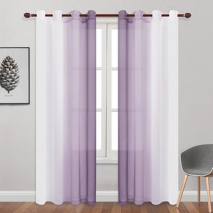 DWCN Lavender Faux Linen Ombre Sheer Curtains - 84 inches Long Gradient Semi Voile Curtains for Bedroom and Living Room, Set of 2 Grommet Top Window Curtain Panels, 52 x 84 Inches Long, Lavender