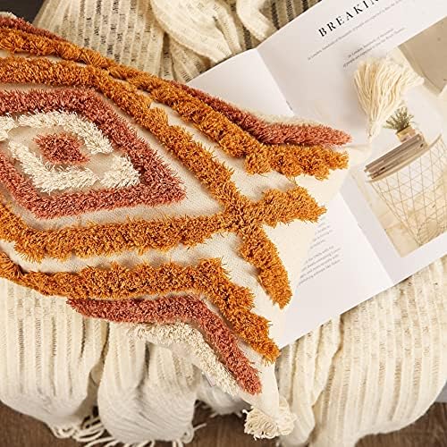 Merrycolor Boho Lumbar Throw Pillow Cover 12x20 inch,Bohemian Tufted Decorative Pillow Covers with Tassels for Couch Sofa Bedroom Living Room