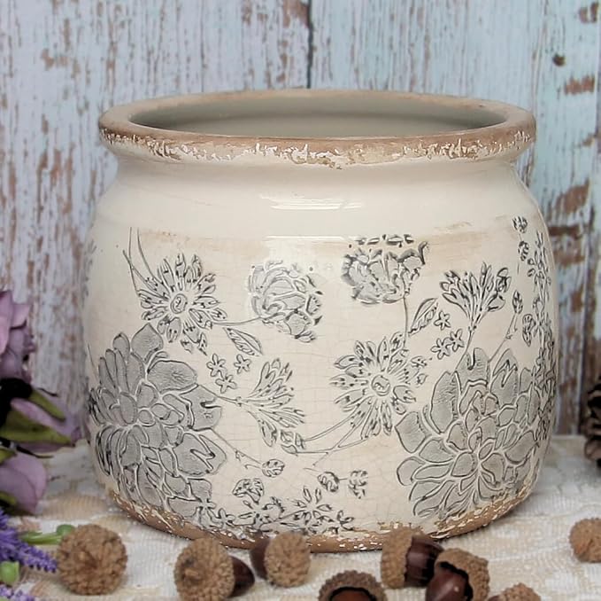 Modern Farmhouse Ceramic Planter & Vase with Drainage for Indoor Plants | 6.29" Vintage Distressed Plant Pot, Rosemary & Succulent Pots, Decorative Pottery Vase, Office Balcony Decor, Gift (Gray)