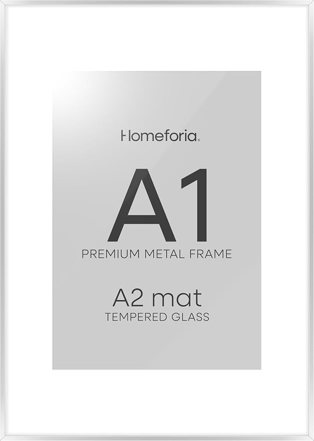 Homeforia A1 Silver Poster Frame, High-End Metal, A2 Mat, Glass