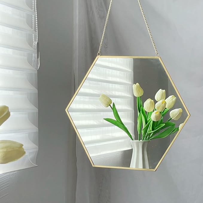 LONGWIN Hanging Wall Hexagon Mirror Decor Gold Geometric Mirror with Chain for Bathroom Bedroom Living Room 11.8"x 10.2"