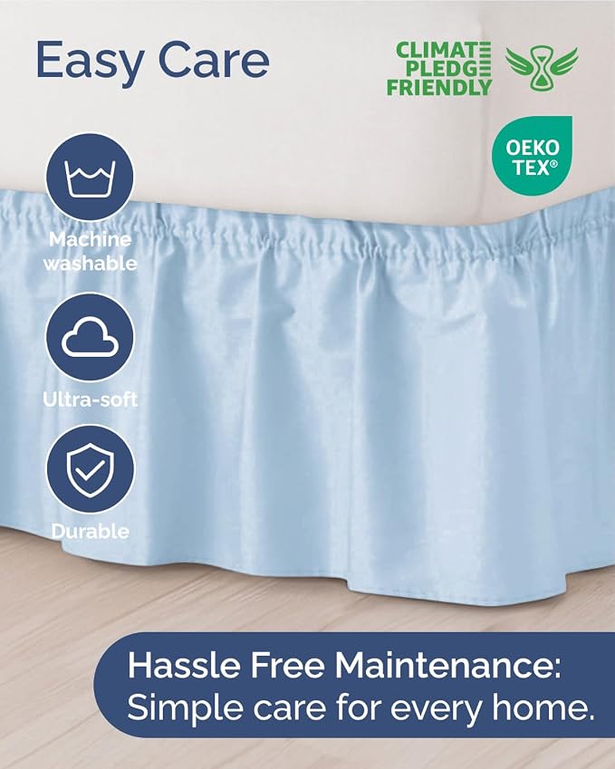 Wrap Around Dust Ruffle Bed Skirt - Sky Blue - for Queen Size Beds w/ 9 Inch Drop - Easy Fit Elastic Strap - Adjustable Pleated Bedskirt with Brushed Fabric - Wrinkle-Free - Women, Men, Kids & Teens