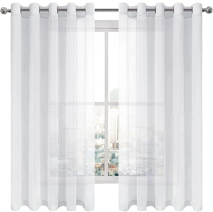 DWCN White Sheer Curtains Linen Look Semi Transparent Voile Grommet Curtains for Living Dining Room Drapes 60 x 63 Inch Long, Set of 2 Panels