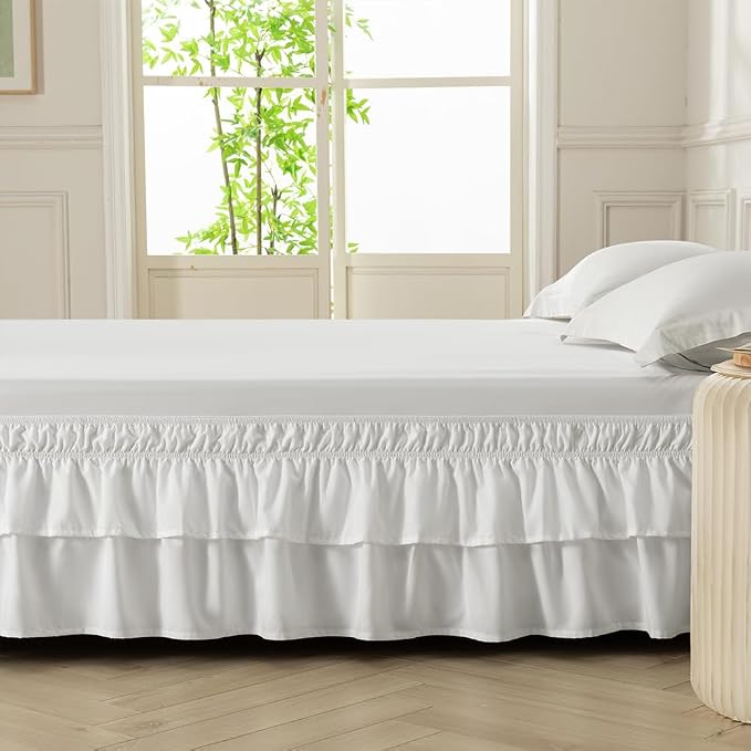 Double-Layered Ruffled Bed Skirt,White,Full/Queen, 14" Drop | Wrap Around, Adjustable Elastic, 2 Layer, Machine Washable Soft Fabric, Multi Ruffle Bedskirt