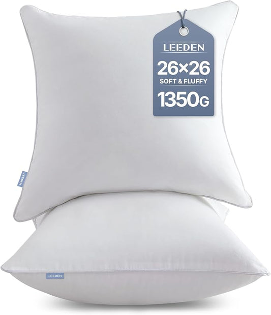 Leeden 26 x 26 Throw Pillow Inserts (Set of 2) with 100% Cotton Cover - 26 Inch Square Decorative Sofa Pillows for Sofa, Couch, Bed and Home Decor