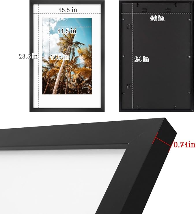 Frametory 16x24 Black Picture Frame with Real Glass Mat for 12x18
