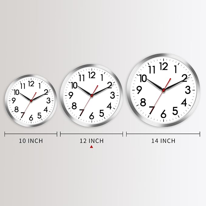 AKCISOT 12 Inch Wall Clock, Silent Battery Operated Analog Clock, Silver | Office | Kitchen | Living Room | Classroom | Easy-to-read Numbers