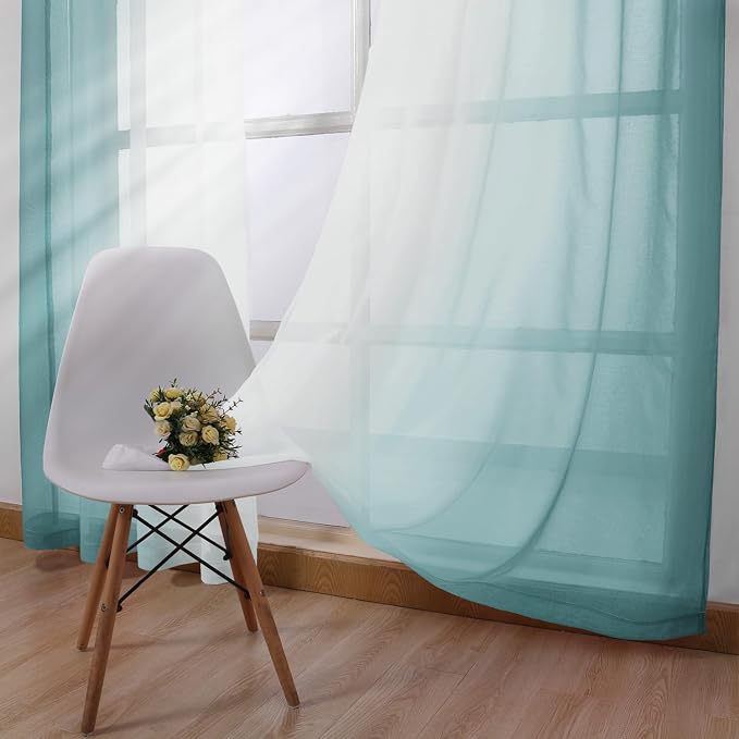 DWCN Faux Linen Ombre Sheer Curtains - Gradient Semi Voile Curtains for Bedroom and Living Room, Set of 2 Grommet Top Window Curtain Panels, 42 x 63 Inches Long, Peacock Blue