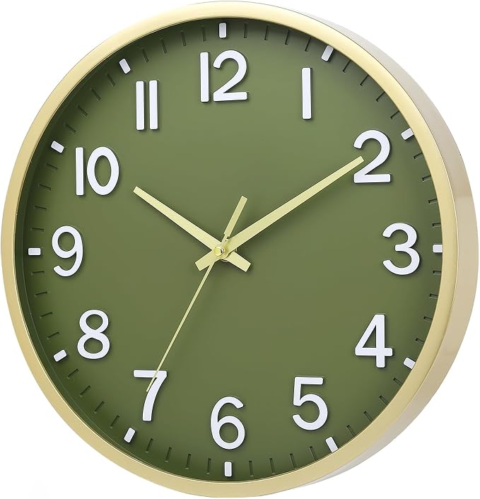 Wall Clocks Battery Operated 12 inch Modern Wall Clock,Silent Non Ticking Wall Clock for Living Room Bedroom Kitchen Office Classroom Decor (Green Gold)