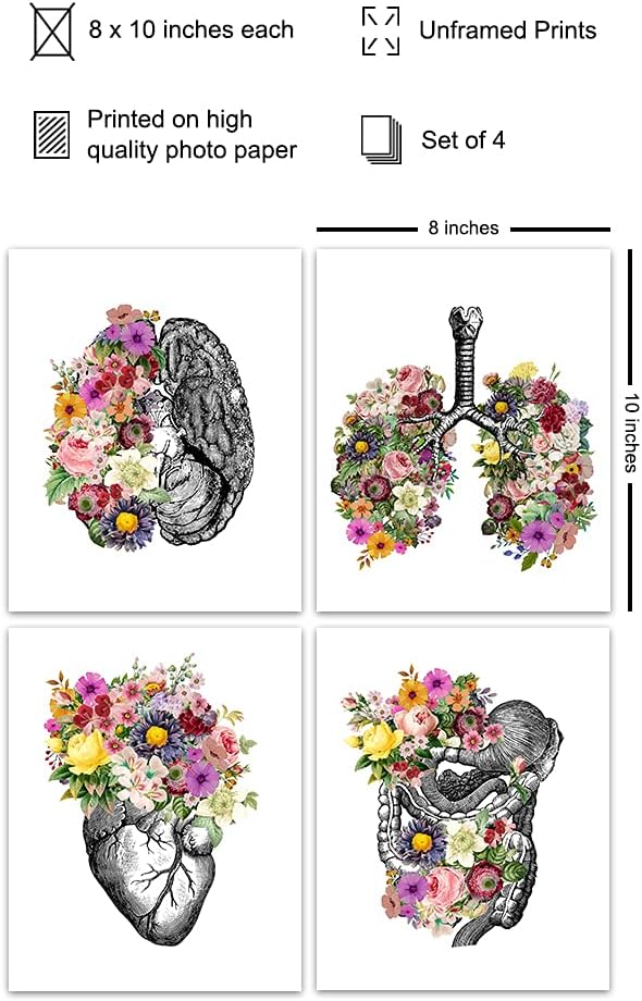 Original Flower Organs Wall Art Print Poster Set - Unique Steampunk Anatomy Home Decor for Dr Office - Gift for Doctor, Physician, Nurse, PA - 8x10 Unframed Photos - Heart, Lungs, Brain, Intestines