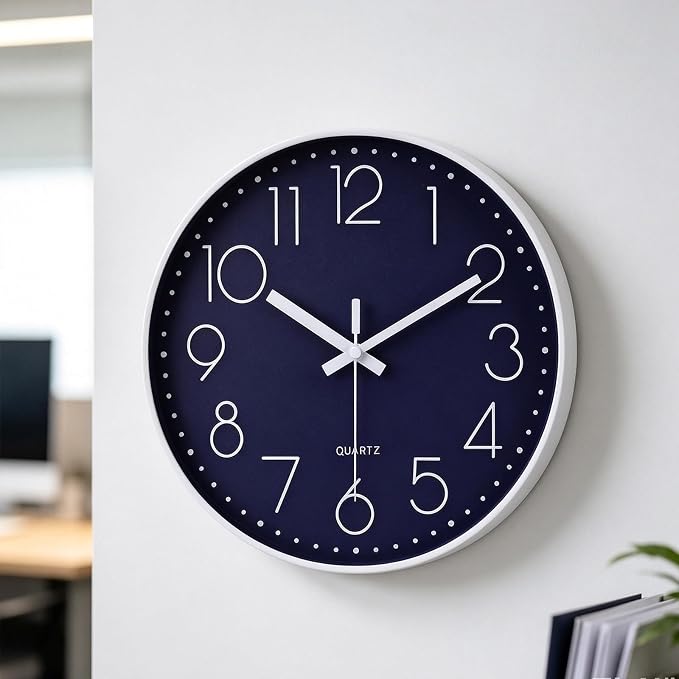 jomparis 12 Inch Silent Non-Ticking Battery Operated Quality Quartz Round Wall Clock Navy Blue Color Modern Decor Clock for Home Office Bedroom Classroom