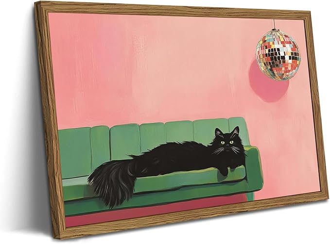 Funny Black Cat Wall Art, Cute Animal Wall Decor Painting, Eclectic Disco Ball Bar Cart Canvas Prints Artwork Pictures for Bedroom Living Room 12x16 inch Wood Framed