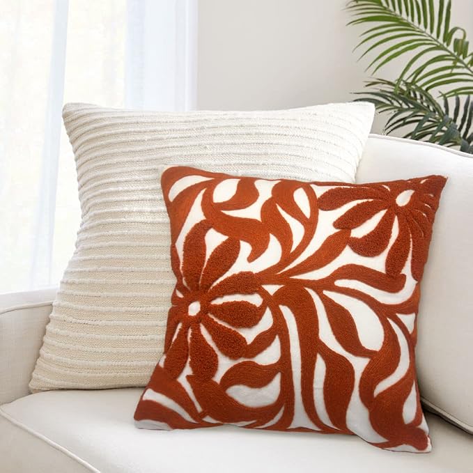 Alysheer Floral Embroidered Throw Pillow Cover 18"x18" 1pc, Burnt Orange
