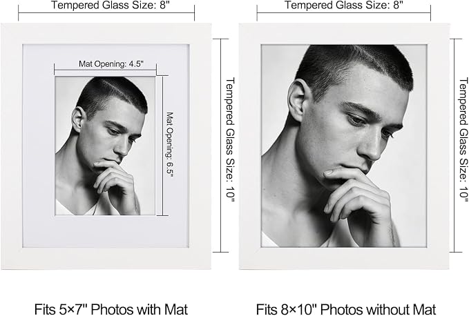 Boarding 8x10 Picture Frame-White,5x7 Mat,Tempered Glass,Engineered Wood