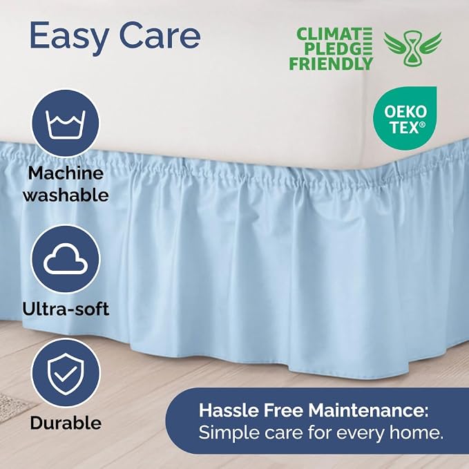 Wrap Around Dust Ruffle Bed Skirt, Full Size - 18 Inch Drop, Light Blue | Easy Fit Elastic Strap, Adjustable Pleated Bedskirt w/Brushed Fabric, Wrinkle & Fade Free, for Women, Men, Kids & Teens