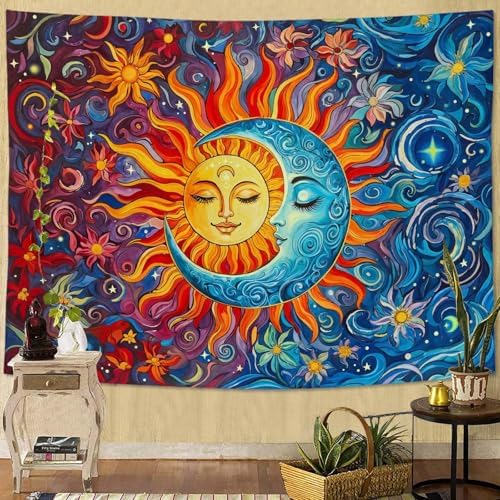 Accnicc Sun and Moon Tapestry Boho Hippie Orange Red Blue Floral Tapestry for Bedroom Aesthetic Abstract Plant Flowers Stars Small Tapestries Wall Hanging for Living Room Dorm 60 x 44 Inch
