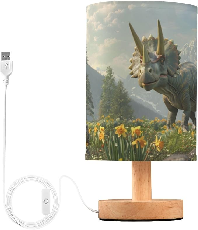 Bedside Lamp Dinosaur Mountain Table Lamp for Bedroom LED Nightstand Lamp Shade USB Ports Wood Base for Living Room Dorm Office