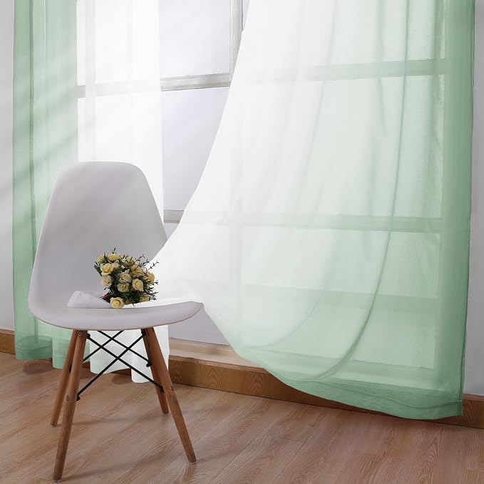 DWCN Light Sage Faux Linen Ombre Sheer Curtains - Short Curtains Gradient Semi Voile Curtains for Kitchen and Living Room, Set of 2 Grommet Top Window Curtain Panels, W52 x L54 Inches, Sage Green