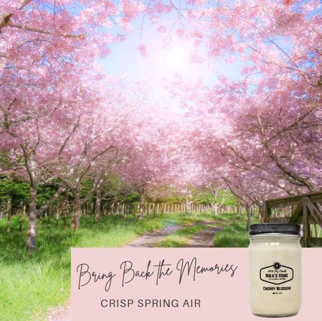 Nika's Home Cherry Blossom Soy Candle - 12oz Mason Jar - Non-Toxic - Hand Poured in The USA, Long Burning 50-60 Hours Highly Scented All Natural, Clean Burning