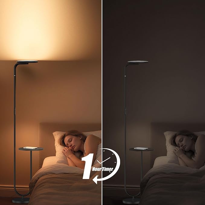 SIBRILLE 36W LED Floor Lamp with Table, Super Bright Standing Lamp, Modern Stepless Dimmable Torchiere Tall Lamp with Remote Control, 350°Rotating Head Floor Lamp for Living Room, Bedroom, Office