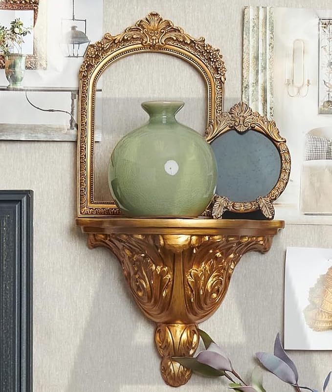 TenFuju 11” x 9.5” Small Gold Vintage Wall Mirror, Antique Gold Resin Baroque, Decorative Hanging & Tabletop