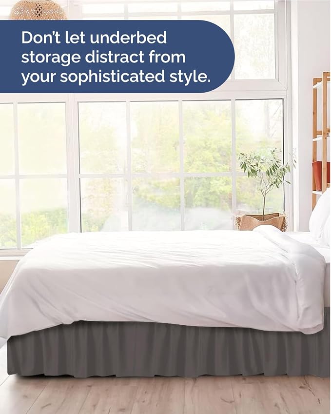 Wrap Around Dust Ruffle Bed Skirt, Full Size Beds - 14 Inch Drop, Dark Grey | Easy Fit Elastic Strap, Adjustable Pleated Bedskirt w/Brushed Fabric, Wrinkle & Fade Free, for Women, Men, Kids & Teens