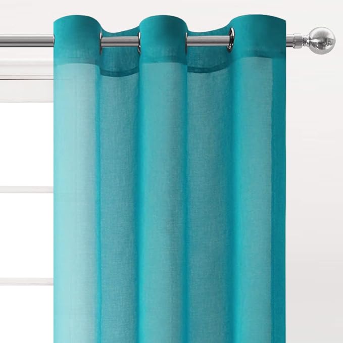 DWCN Turquoise Faux Linen Sheer Curtains - Grommet Top Voile Window Short Sheer Curtains Drapes for Bedroom Living Room 46 x 45 inch Length, Set of 2