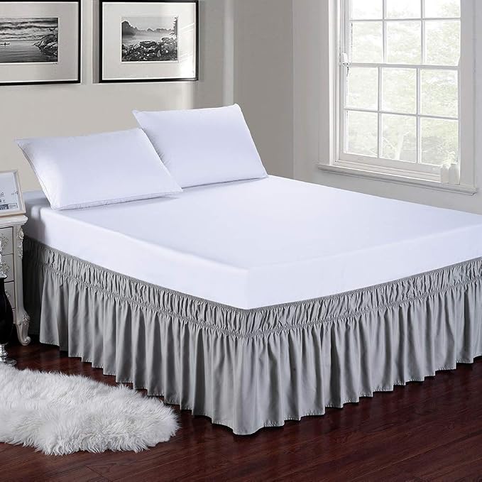 MEILA Wrap Around Elastic Bed Skirt for Twin & Full Beds, 24" Drop, Grey | Three-Side Adjustable Elastic Dust Ruffle, Ruffled Polyester Fabric, Easy to Install, Fade Resistant & Machine Washable