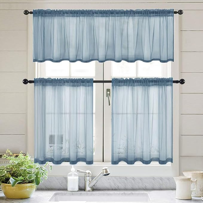MIULEE Semi Sheer Kitchen Curtains 36 inch Length Half Window Curtains for Bathroom Cafe, Rod Pocket Short Curtain Tiers Linen Textured Light Filtering Drapes 2 Panels W29 x L36 Inches, Dusty Blue