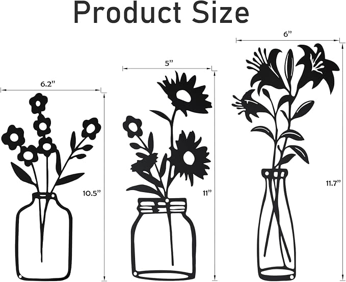 QZGXDECO Black Metal Flower Wall Decor,Metal Vase Wall Art,Minimalist Floral Wall Sculptures,Hanging Decor for Kitchen Dining Room Living Room Bathroom Bedroom(11.5'' X 3PCS)