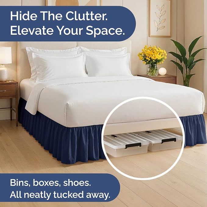 Bedskirt King Size Ruffle - Ruffled Bed Skirt - 12 Inch Drop - Navy | Bedskirt with Platform, Ultra-Soft Premium Hotel Quality, Wrinkle Free, Fade & Shrink Resistant, for Women, Men, Kids & Teens