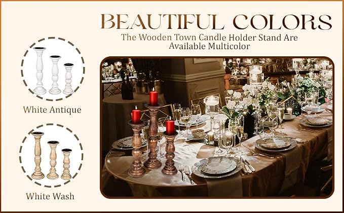 Rustic Candle Holder Set of 3 – 10", 8", 6" – Burnt Finish Wooden Pillar Stands for Wedding, Party, Home Décor, Spa – Country Style Gift for Table Centerpiece