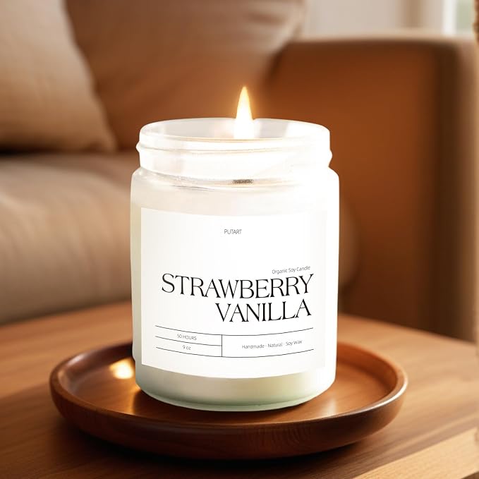 Strawberry Vanilla Highly Scented Candle for Home, 9oz Non Toxic | Natural Soy Wax Aromatherapy Candles with Essential Oil, Home Fragrance Stress Relief & Meditation Jar Candles Gifts