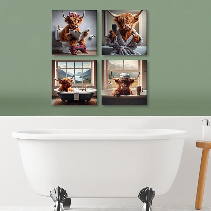 Bathroom Highland Cow Wall Decor Funny Cow Wall Art Rustic Longhorn Animals Bathtub Pictures Western Cattle Canvas Prints Artwork Vintage Country Cows Posters Restroom Bedroom Decorations 12x12" 4Pcs