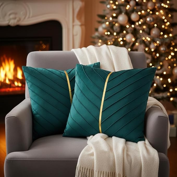 Velvet Throw Pillow Covers 18x18 Pack of 2 Gold Decor Peacock Blue