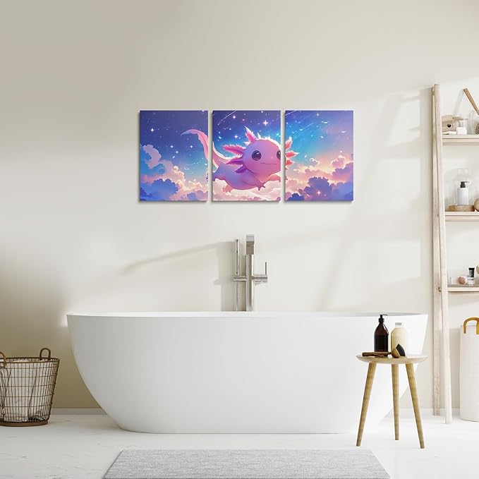 Feelyou Kids Cute Axolotl Picture Wall Decor Cartoon Salamander Canvas Wall Art for Living Room Bedroom Galaxy Wall Painting Posters and Prints Boys Girls Sealife Bathroom Wall Art 12"x16"x 3Pcs