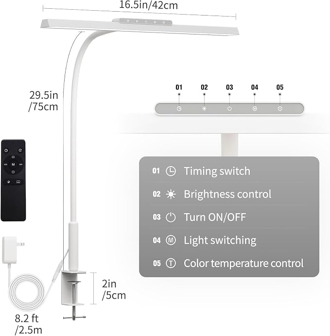 18W LED Desk Lamp with Clamp, 16.5" Gooseneck, 3 Color Dimmable