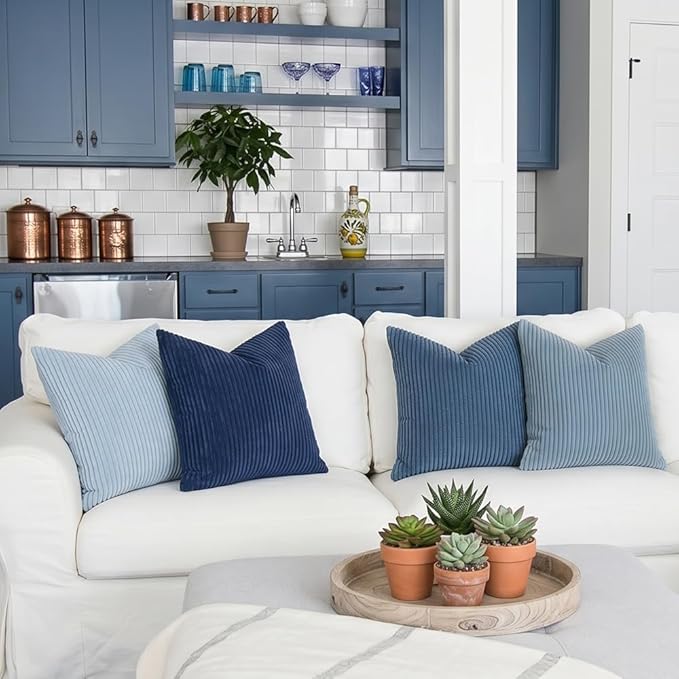 LANANAS Decorative Corduroy Throw Pillow Covers 20x20 Inch Blue Ocean | Set of 4 Neutral Couch Farmhouse Boho Throw Pillows for Living Room, Couch, Bed, Sofa Soft Accent Home Decor