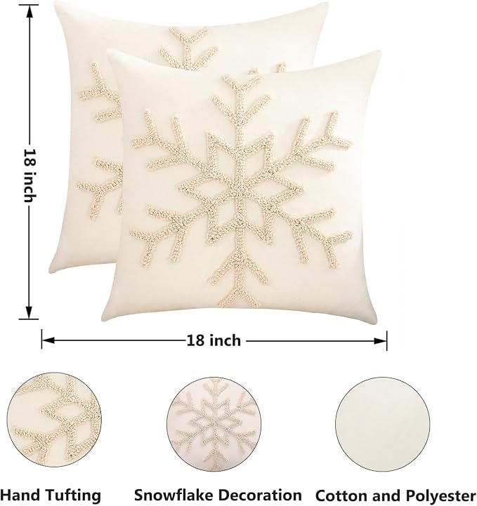 Christmas Throw Pillow Covers 18x18 Set of 2 Beige Xmas Snowflake